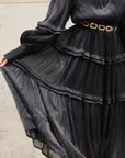 Silky feeling organza midi dress with ruffle design on sleeves and skirt hem in Black