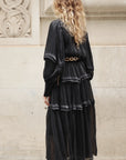 Silky feeling organza midi dress with ruffle design on sleeves and skirt hem in Black