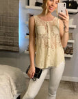 Cream Lace Chiffon Top Shirt Blouse with Front Cross Strip Back