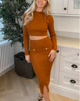 Long sleeves top with buttons design and midi skirt co-ords suits in brown