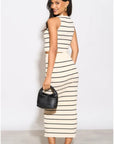 Knitted stripe print vest top and midi skirt co-ords set in beige