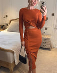 Long Sleeve Knit crop top with side lace up midi skirt co-ords in brown