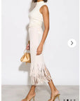 Pleated Midi Skirt with multi fringed tassel hem design in White