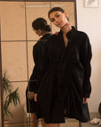 Asymmetry with Elasticated design cotton blend shirt dress in Black