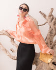 Pleated ruffles with multi dimoned stone embellished sleeves design organza shirt in peach