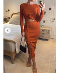 Long Sleeve Knit crop top with side lace up midi skirt co-ords in brown