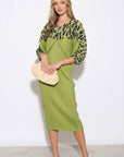 Green Leopard print color blocking Print Pleated Dress in Kimono sleeves