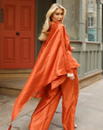 Sunset Satin Cape-Sleeve Shirt & Wide-Leg Trouser Co-Ord In Orange