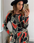 metallic gold trim Chain and Aztec Print Dress