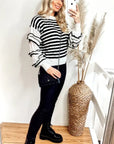 Multi layer ruffle sleeves black white color stripe jumper top