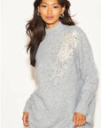 Multi Diamonded and Sequin design pattern Embroidered Long Jumper in grey