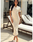 Knitted maxi dress with polo neck in Short Sleeves Beige colour