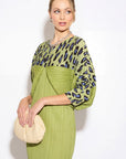 Green Leopard print color blocking Print Pleated Dress in Kimono sleeves