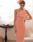 Knitted stretch cotton Bodycon midi dress with Camellias Brooches in pink
