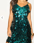 Circle Disc Sequin Strappy Short Dress in Green