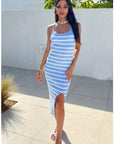 Knitted stripe print with straps design midi bodycon dress in Blue