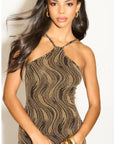 High-neck sleeveless metallic-knit with pattern print maxi dress in Gold
