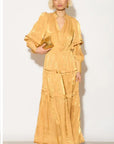Silky feeling organza midi dress with ruffle design on sleeves and skirt hem