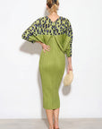 Green Leopard print color blocking Print Pleated Dress in Kimono sleeves