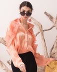 Pleated ruffles with multi dimoned stone embellished sleeves design organza shirt in peach