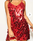 Circle Disc Sequin Strappy Short Dress in RED