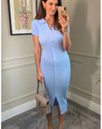 Soft cotton knit dress with collared and buttons down design in Blue