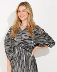 Metallic Print Pleated Dress in Kimono sleeves in Sliver