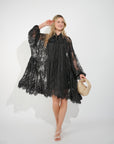 Floral Lace long blouseon sleeves design dress in Black
