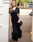 Full Pleated Ruffle Hem Maxi Dress in Black