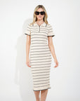 Knitted maxi dress with polo neck in Short Sleeves Beige colour