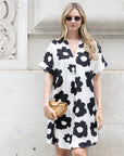 Floral print cotton blend linen holiday dress in black