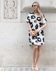 Floral print cotton blend linen holiday dress in black