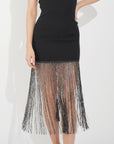 Long fringed tassel detail hem bodycon knit dress in black