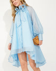 Ruffle Tie-Neck oversized midi Dress in Blue