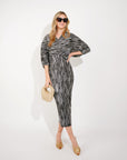 Metallic Print Pleated Dress in Kimono sleeves in Sliver