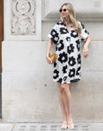 Floral print cotton blend linen holiday dress in black