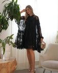 Floral Lace long blouseon sleeves design dress in Black