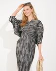 Metallic Print Pleated Dress in Kimono sleeves in Sliver