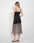 Long fringed tassel detail hem bodycon knit dress in black
