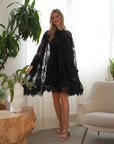 Floral Lace long blouseon sleeves design dress in Black