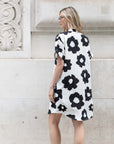 Floral print cotton blend linen holiday dress in black