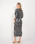 Metallic Print Pleated Dress in Kimono sleeves in Sliver