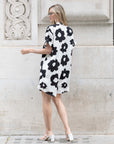 Floral print cotton blend linen holiday dress in black