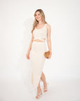 Knitted bodycon style vest top with tie up design and midi pencil skirt co-ords set in beige