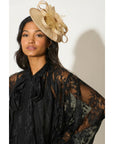 Fascinator With Feather & Sculptural Loop Detail In Beige