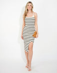 Knitted stripe print with straps design midi bodycon dress in cream