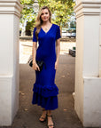 Full Pleated Ruffle Hem Maxi Dress in Royal Blue