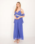 Strappy Chiffon Maxi Dress with Sequin waist detail and scarf (BLUE)