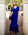 Full Pleated Ruffle Hem Maxi Dress in Royal Blue