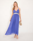 Strappy Chiffon Maxi Dress with Sequin waist detail and scarf (BLUE)